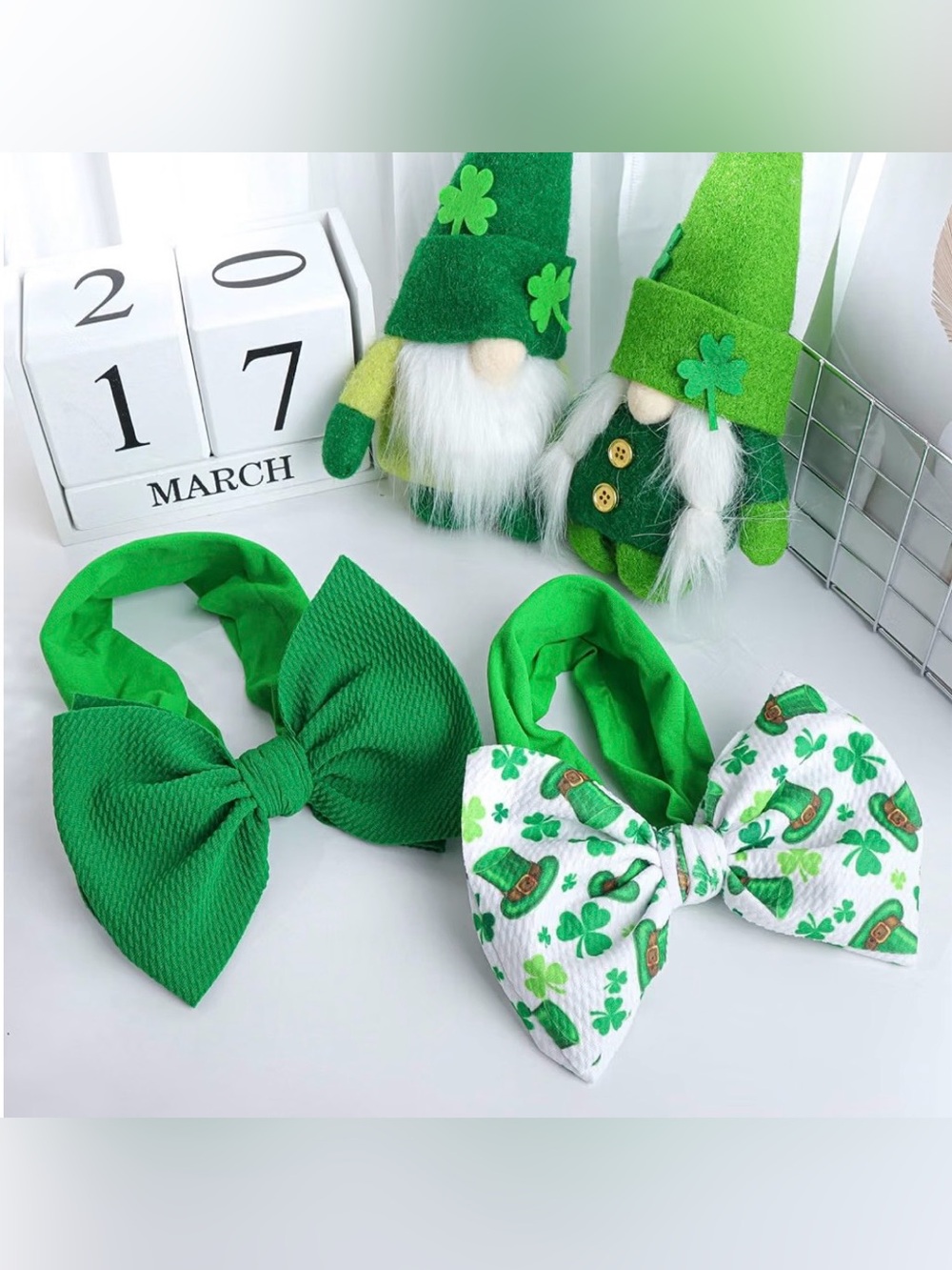 2 St. Patrick’s Day Baby Girl Oversized Bow Headbands Shamrock Green